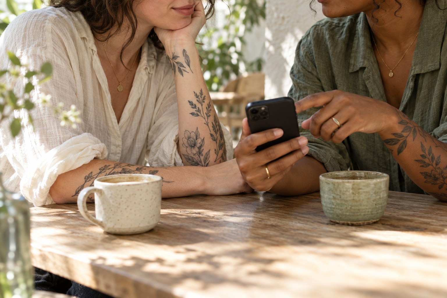 Illustrative scene of two tattooed friends sharing ideas over coffee