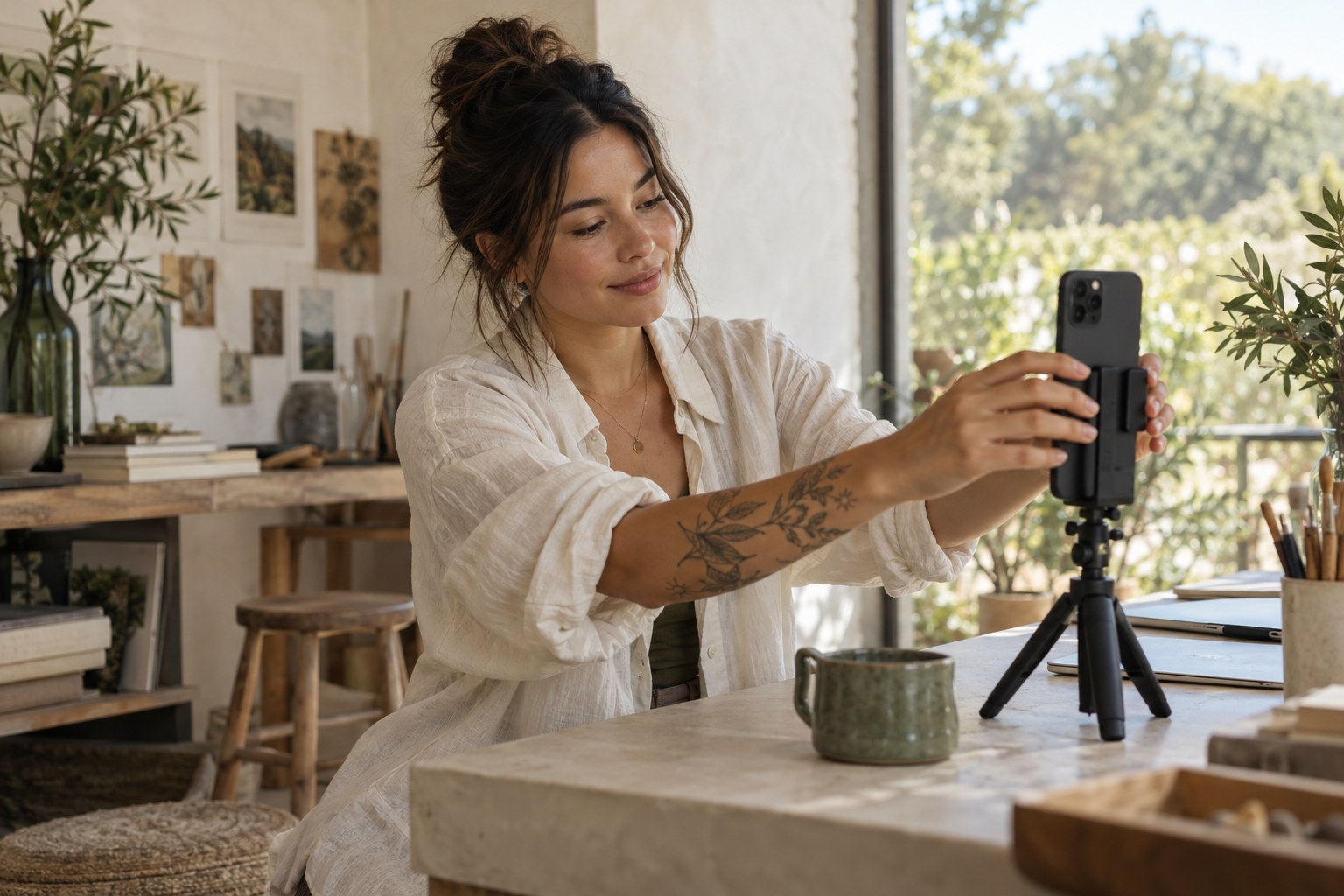 Illustrative scene of a tattooed creator setting up a camera in a sunlit studio