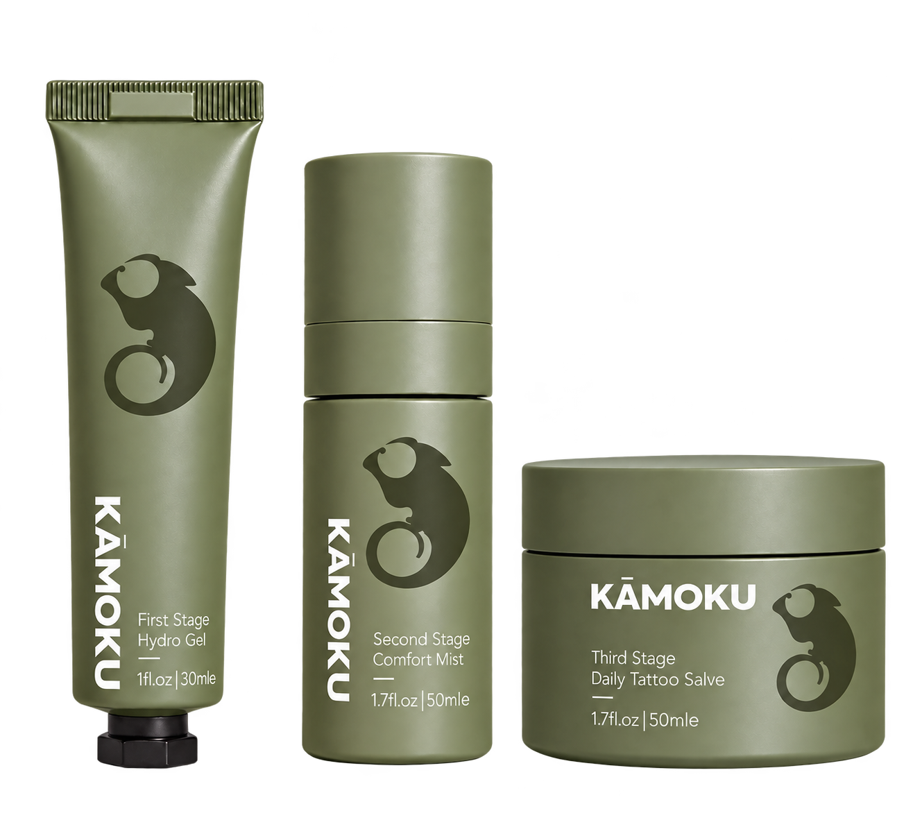 KĀMOKU Hydro Gel 30 mL, Comfort Mist 50 mL and Daily Tattoo Salve 50 mL