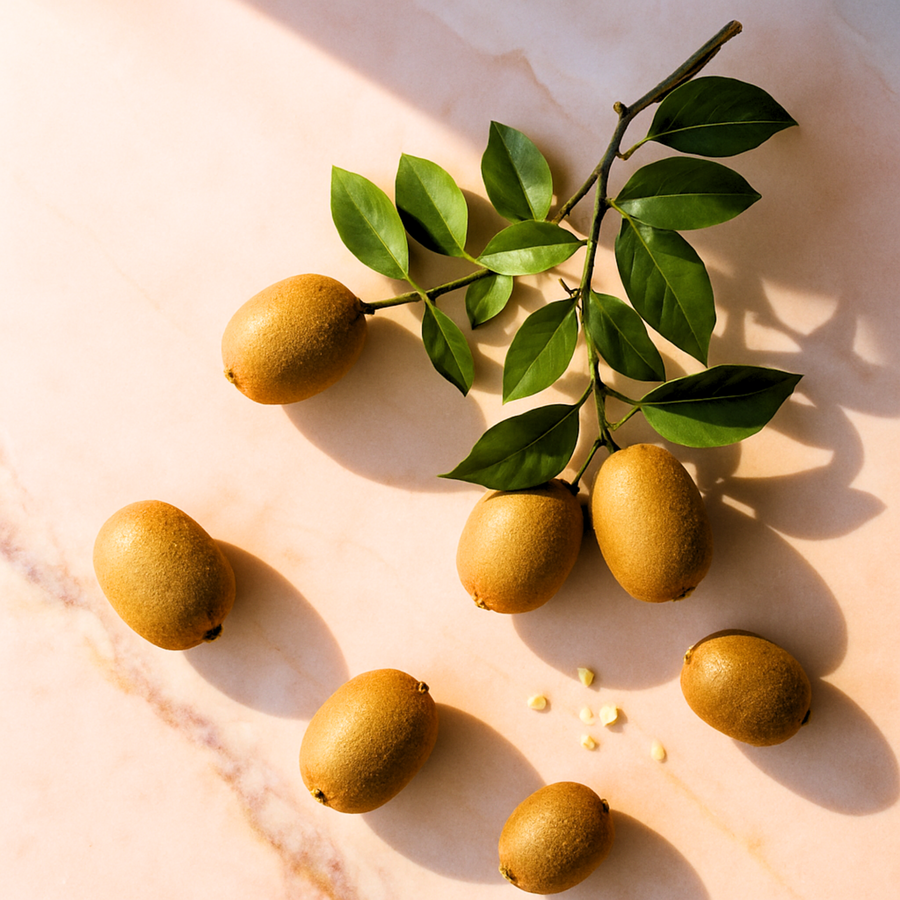 Sunlit golden fruit and green leaves arranged on a pale surface.