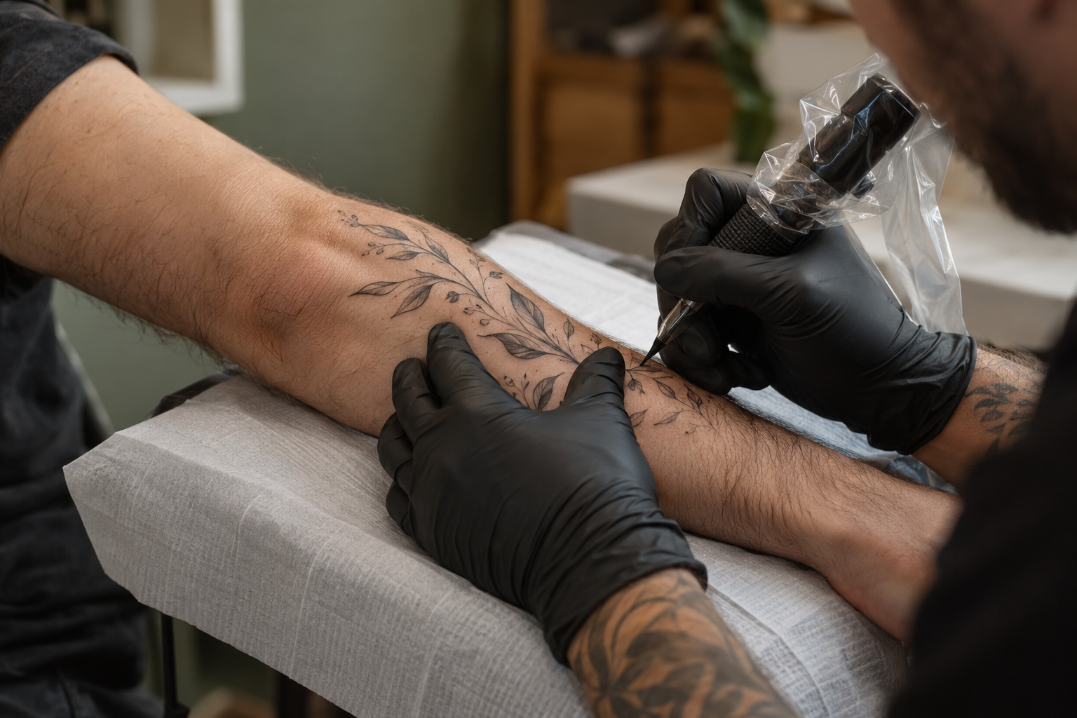 A tattoo artist working carefully on a botanical arm tattoo