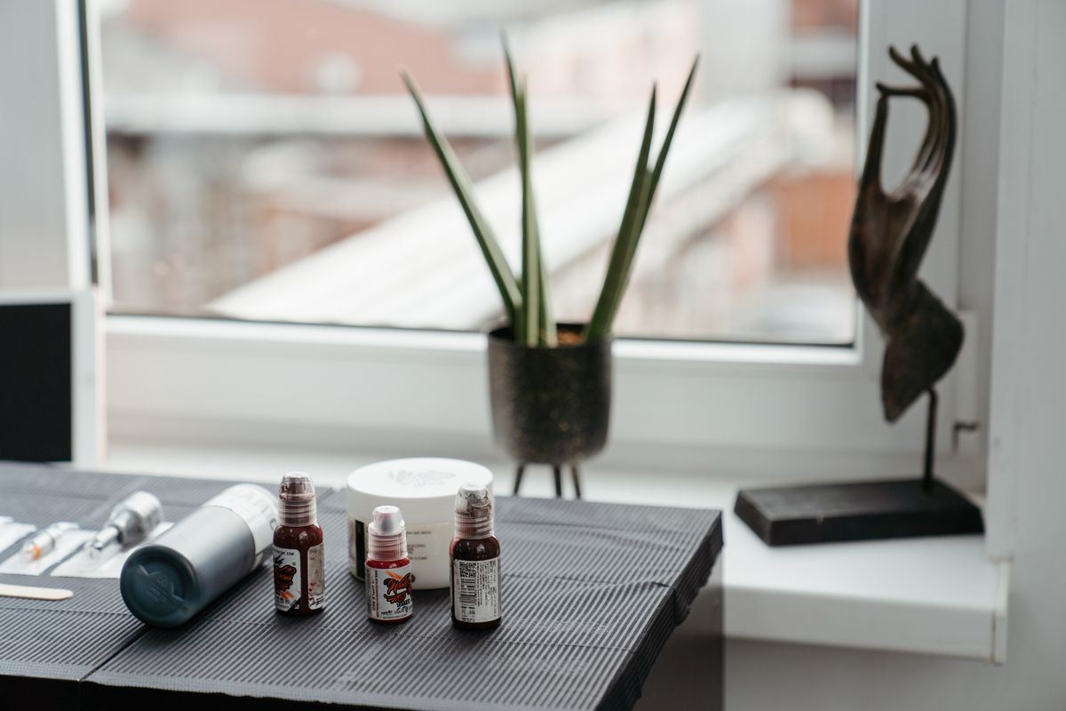 Tattoo supplies arranged beside a plant on a sunlit studio counter