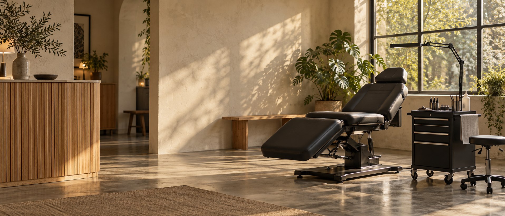 An editorial tattoo-studio interior with pale walls, natural daylight, and a professional tattoo chair